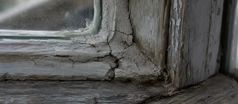 Altes, rissiges Fensterkitt an einem Holzfensterrahmen in einem Schweizer Altbau