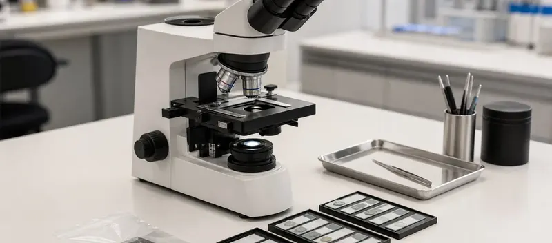 Polarisationsmikroskop und beschriftete Materialproben in einem Schweizer Analyselabor