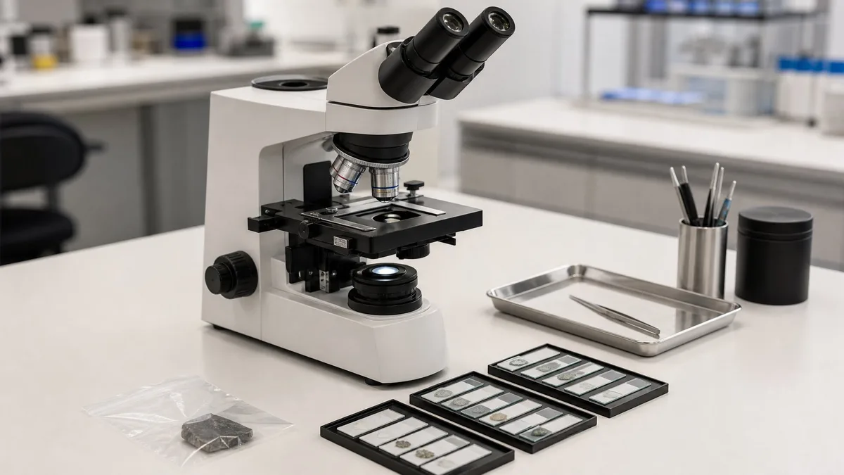 Polarisationsmikroskop und beschriftete Materialproben in einem Schweizer Analyselabor