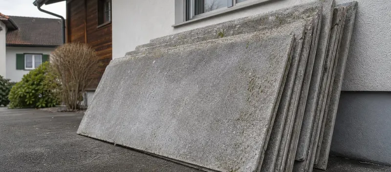 Gestapelte, verwitterte Asbestzementplatten (Eternit) vor einem Schweizer Wohnhaus