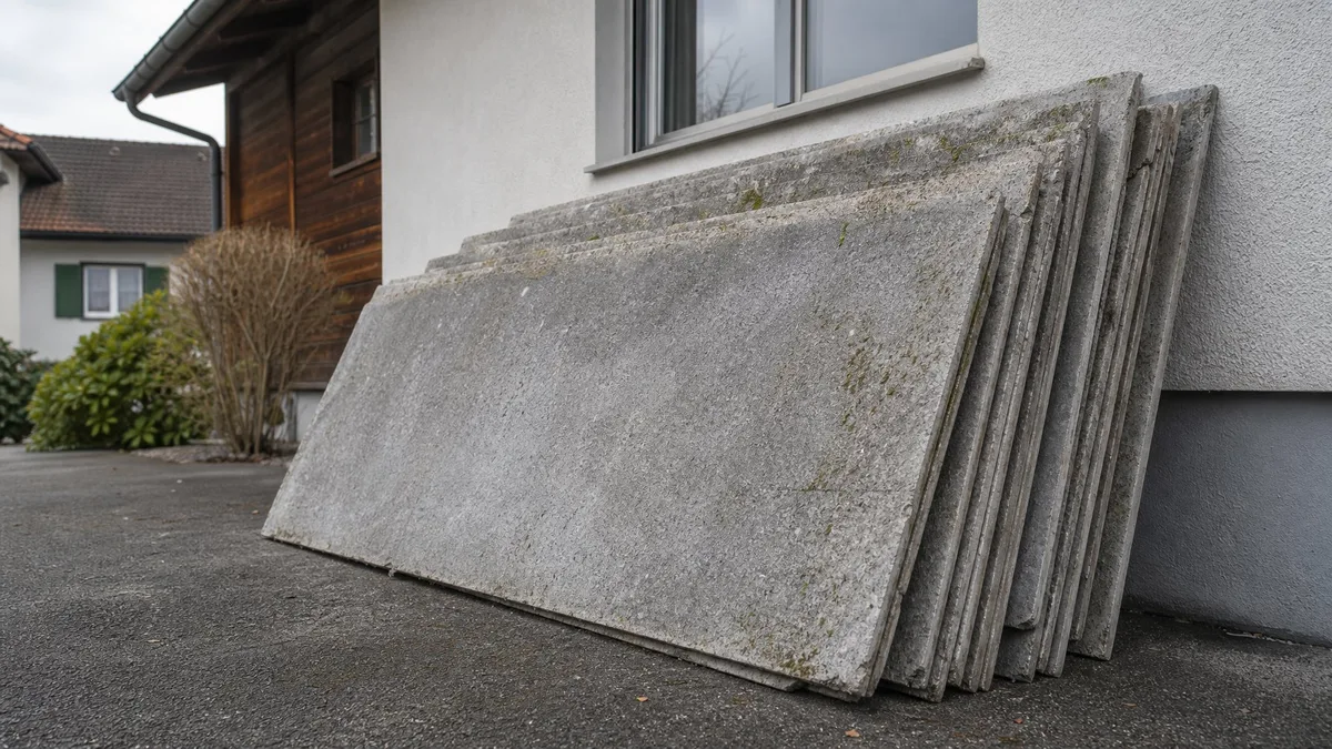 Gestapelte, verwitterte Asbestzementplatten (Eternit) vor einem Schweizer Wohnhaus