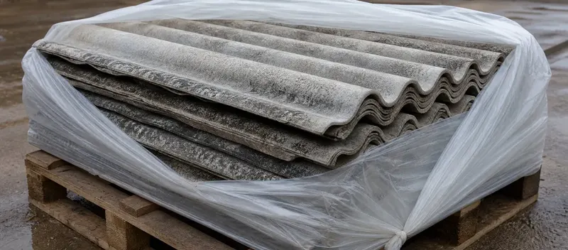 Asbesthaltige Eternit-Wellplatten fachgerecht in Folie verpackt auf einer Palette