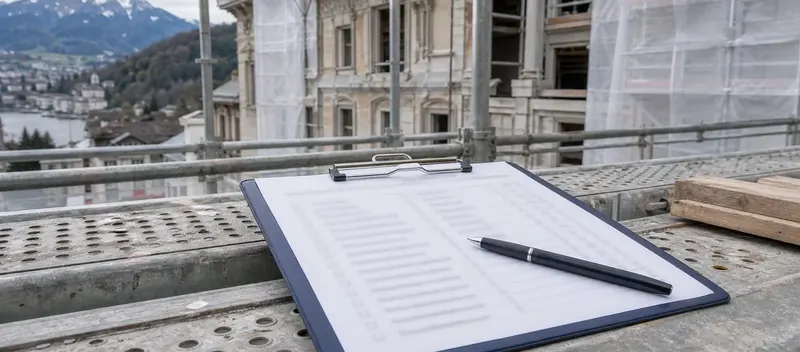 Klemmbrett mit Pruefliste und Stift auf einem Baustellengeruest