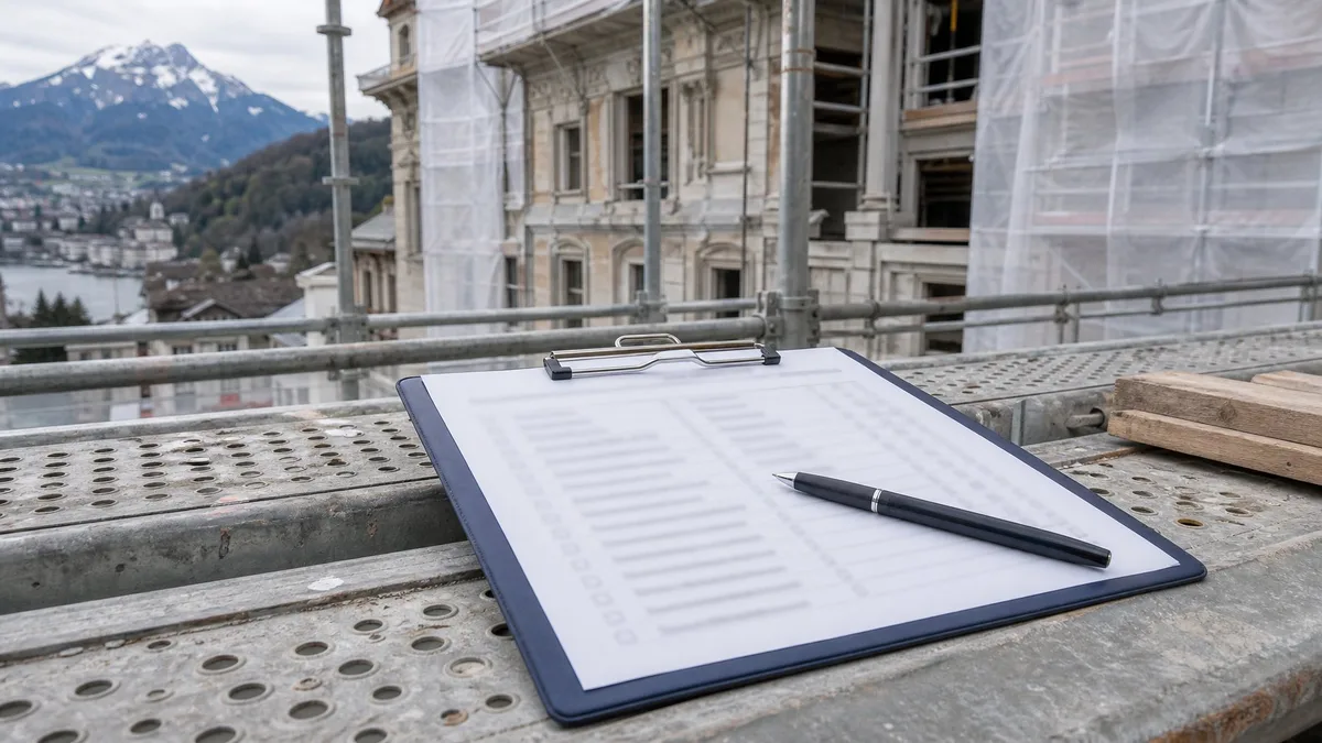 Klemmbrett mit Pruefliste und Stift auf einem Baustellengeruest