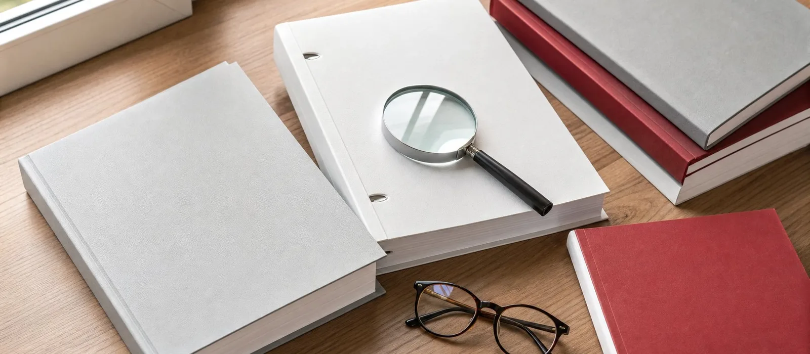 Fachliteratur, Lupe und Lesebrille auf einem Schreibtisch